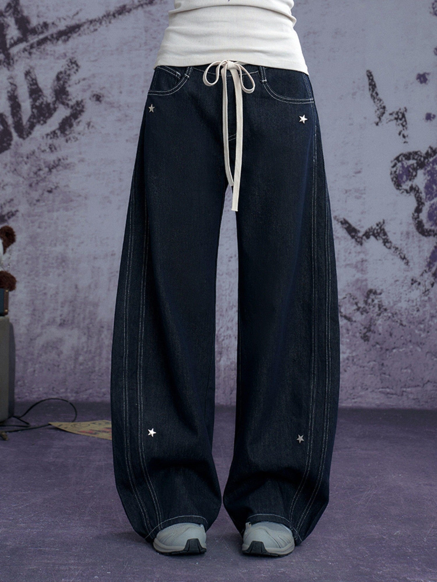 SagiDolls Deep Blue Star Embroidered Studded Structured Women's Denim Chinos