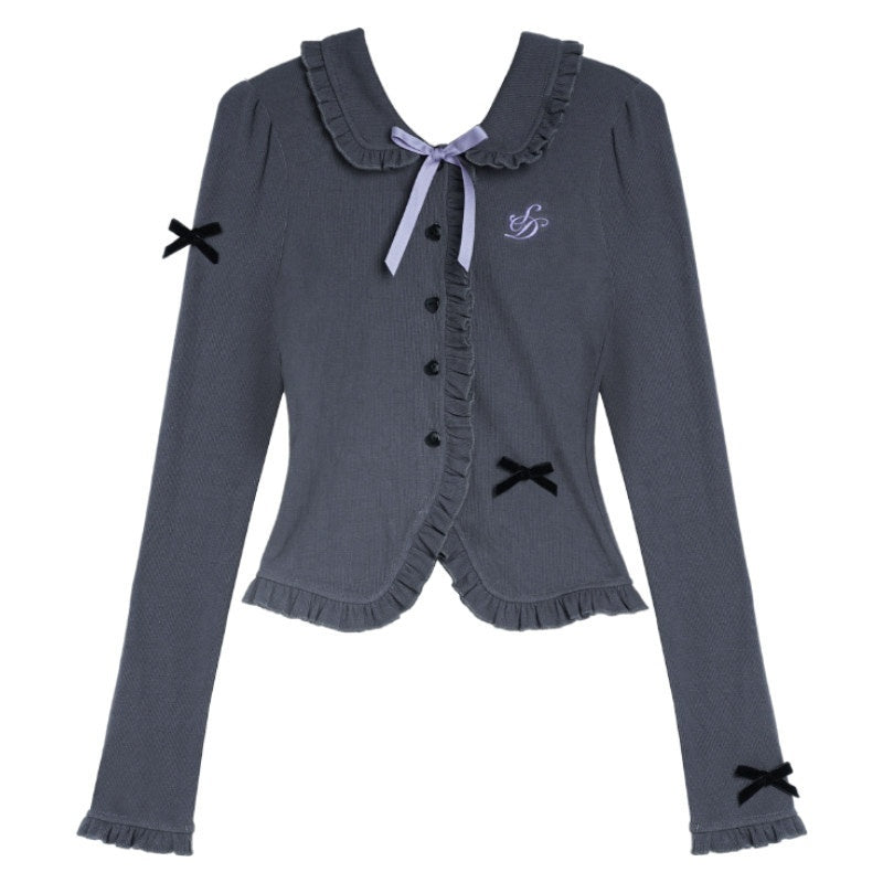 SagiDolls_Deep_Gray_Bow_Doll_Collar_Slim_Fit_Button_Women's_Cotton_Blend_Cardigans_760571323275_MISSTT