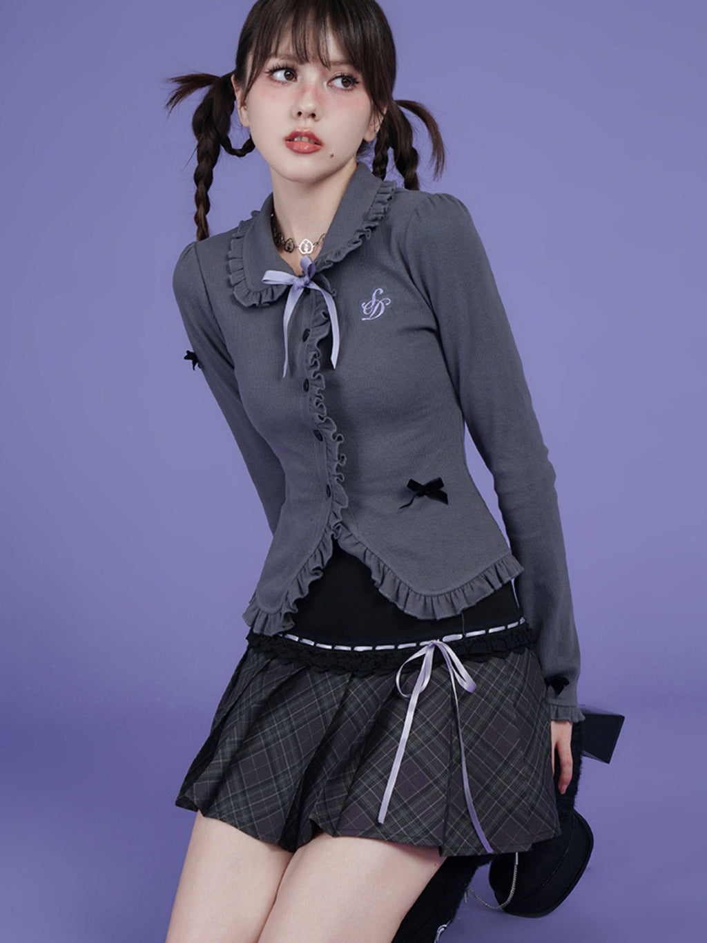 SagiDolls Deep Gray Bow Doll Collar Slim Fit Button Women's Cotton Blend Cardigans