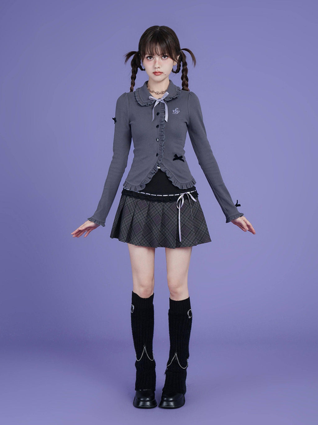 SagiDolls Deep Gray Bow Doll Collar Slim Fit Button Women's Cotton Blend Cardigans