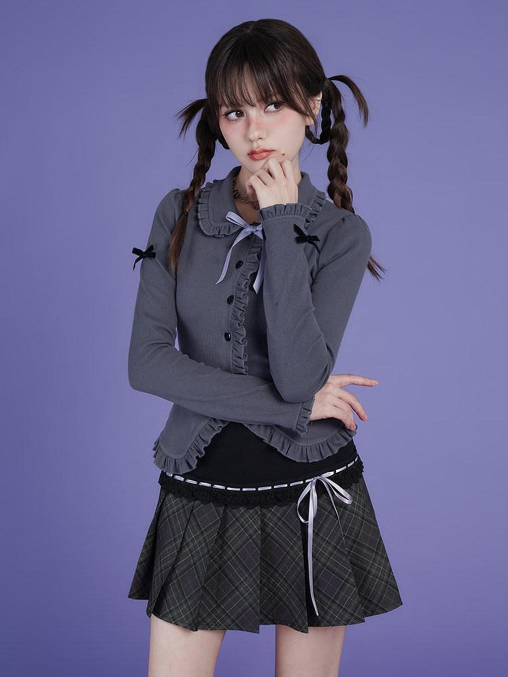 SagiDolls Deep Gray Bow Doll Collar Slim Fit Button Women's Cotton Blend Cardigans