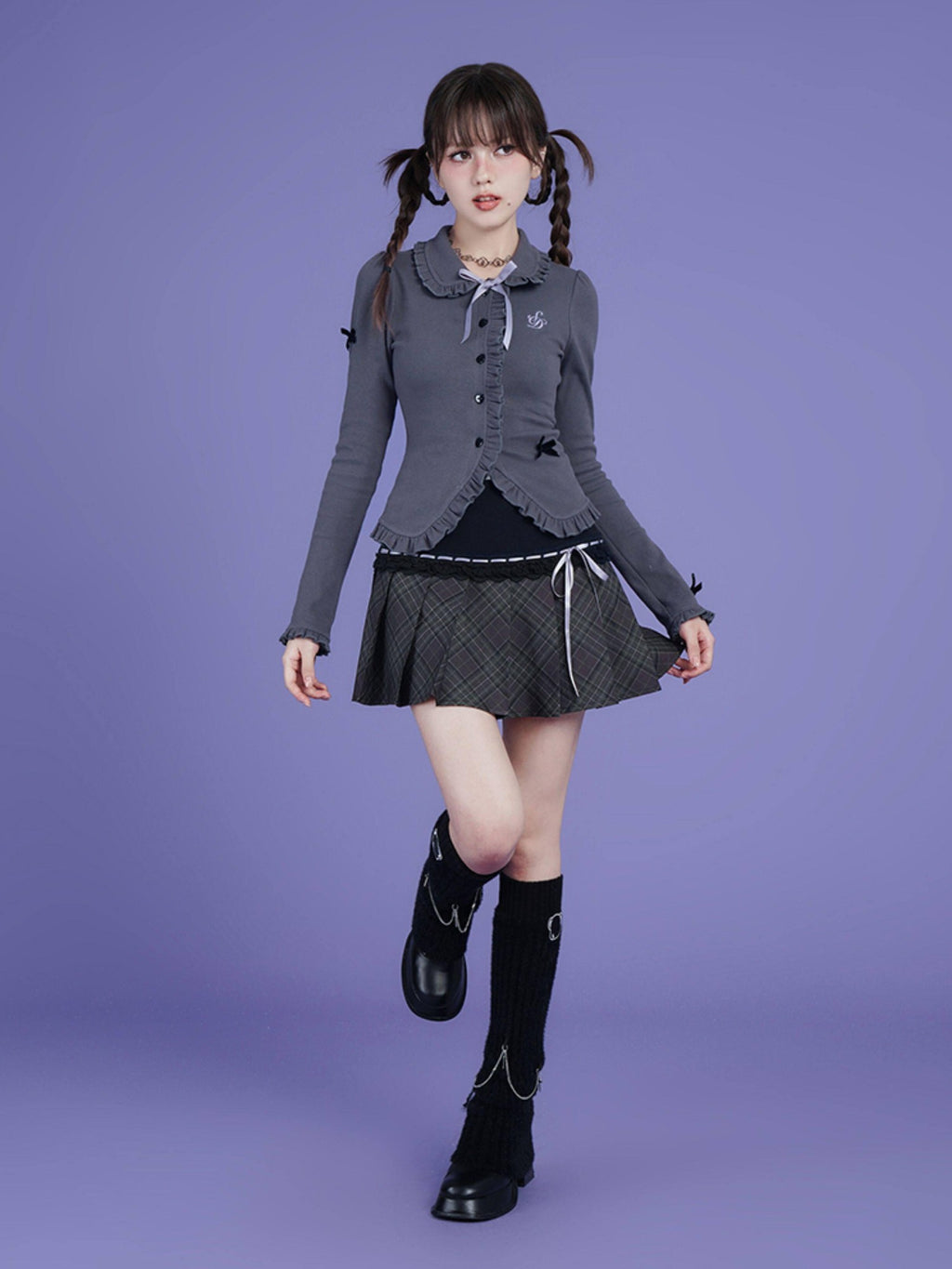 SagiDolls Deep Gray Bow Doll Collar Slim Fit Button Women's Cotton Blend Cardigans