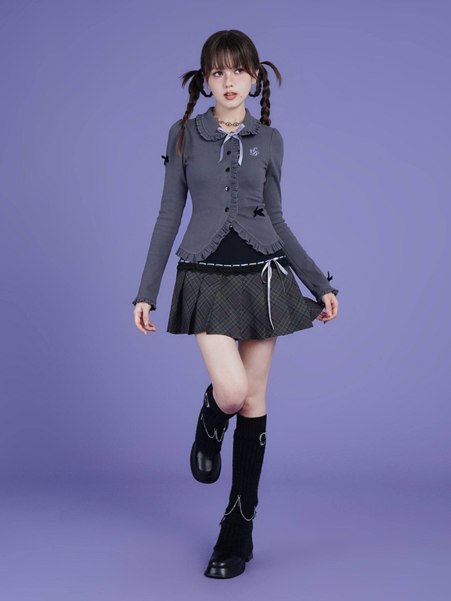 SagiDolls Deep Gray Bow Doll Collar Slim Fit Button Women's Cotton Blend Cardigans