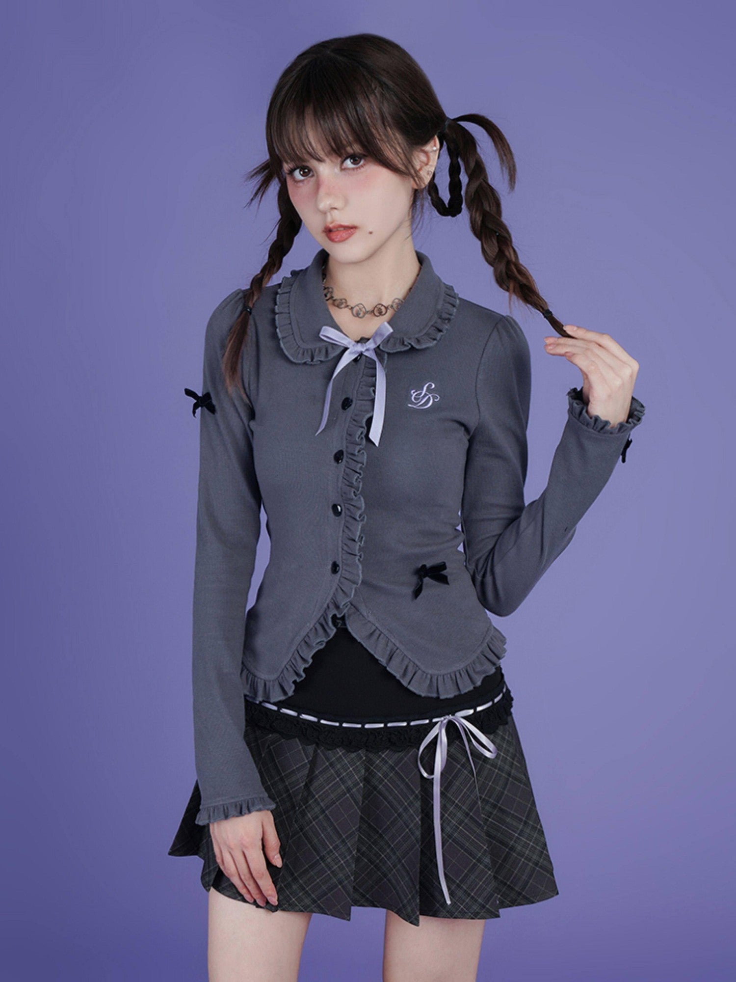 SagiDolls Deep Gray Bow Doll Collar Slim Fit Button Women's Cotton Blend Cardigans
