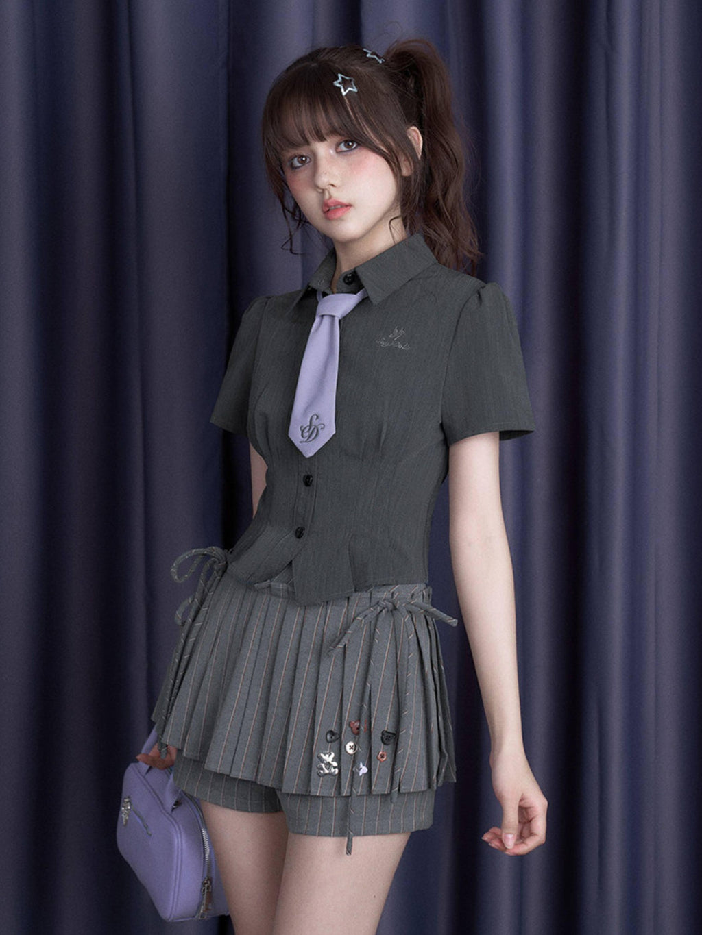 SagiDolls Deep Gray Embroidered Slim Waist Pointed Collar Women's Short Sleeve T-shirts