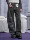SagiDolls Deep Gray Washed Embroidered Star Print Plaid Women's Cotton Barrel-leg Jeans
