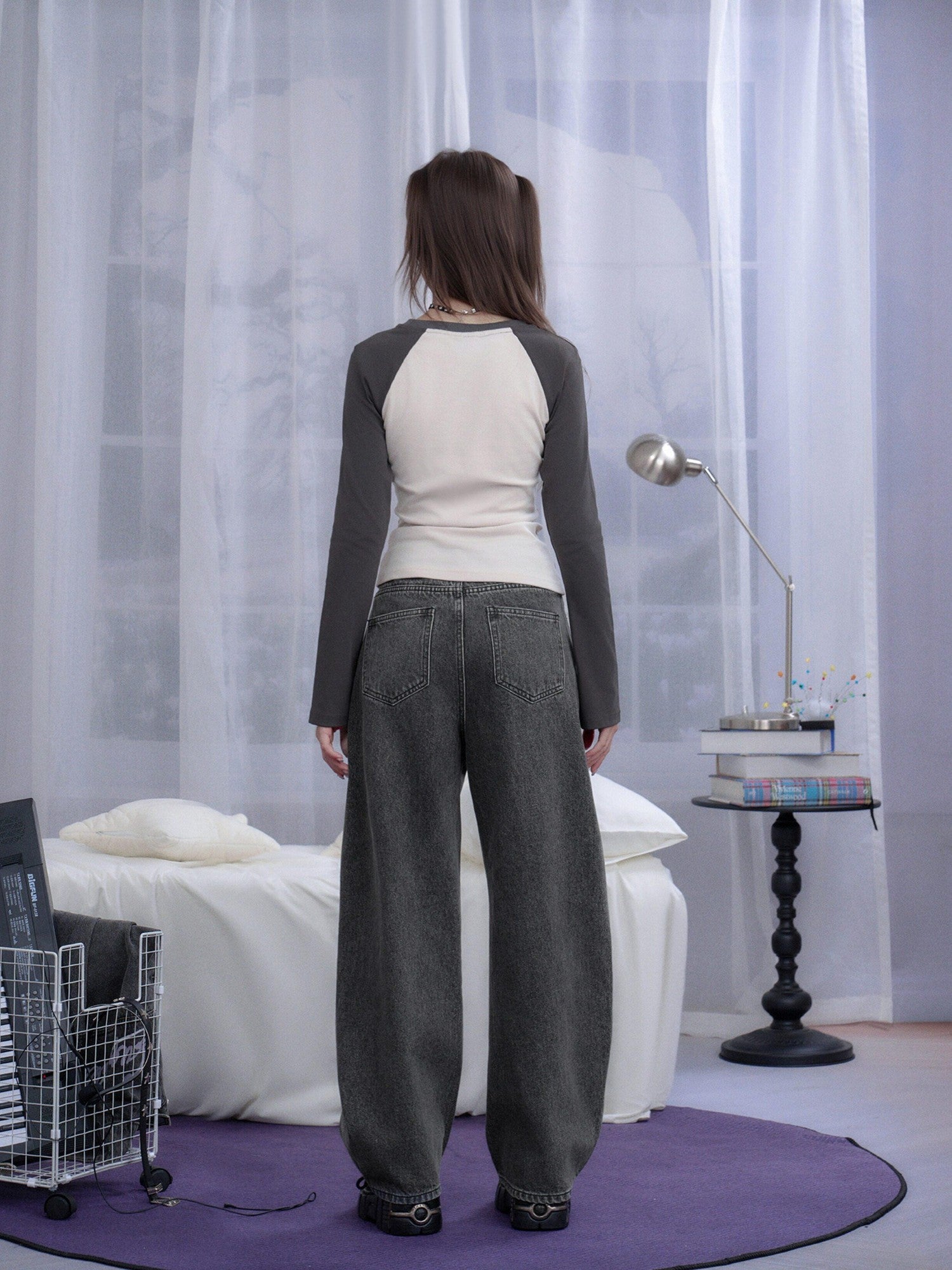 SagiDolls Deep Gray Washed Embroidered Star Print Plaid Women's Cotton Barrel-leg Jeans