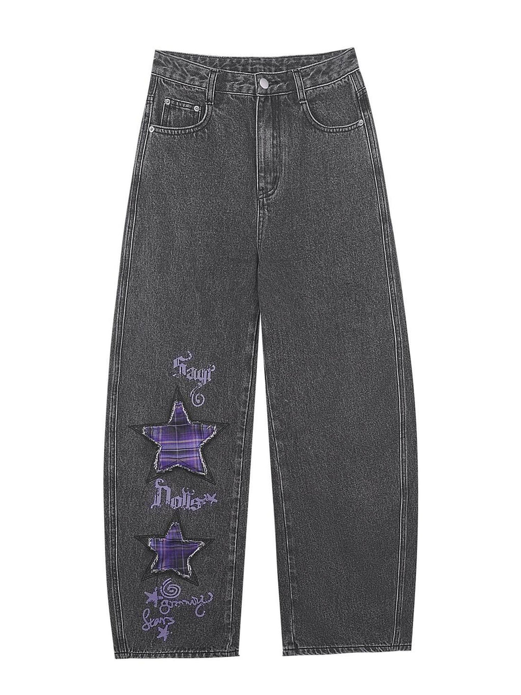 SagiDolls Deep Gray Washed Embroidered Star Print Plaid Women's Cotton Barrel-leg Jeans