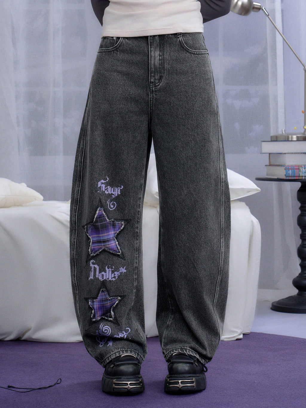 SagiDolls Deep Gray Washed Embroidered Star Print Plaid Women's Cotton Barrel-leg Jeans
