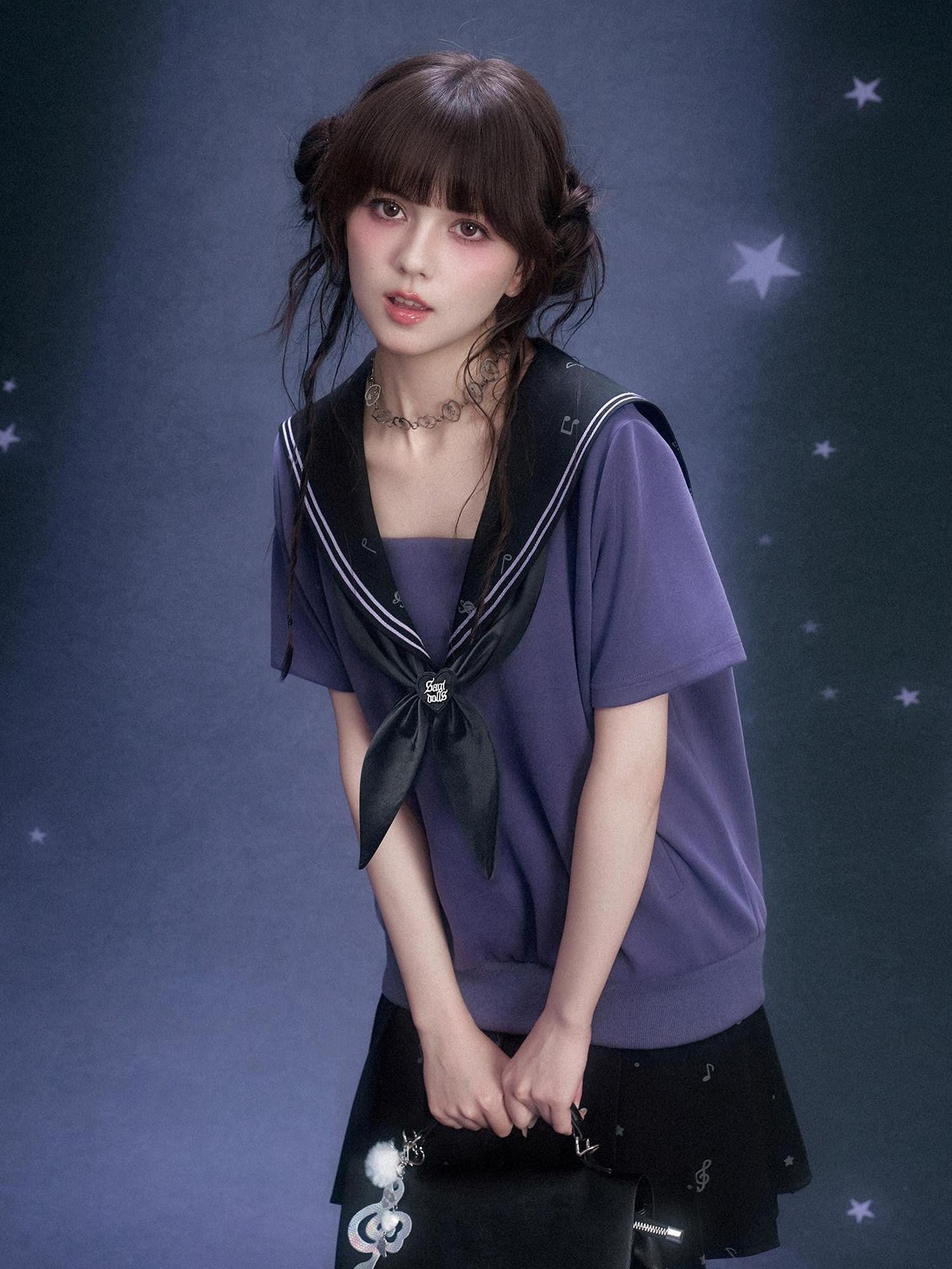 SagiDolls Deep Purple Note Sailor Collar Goldfish Knot Women's Cotton Casual Mini Dresses