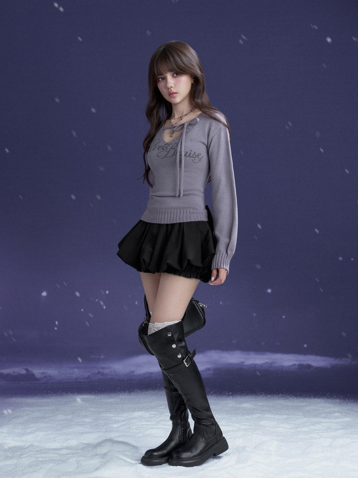 SagiDolls Detachable Bow Black Bubble A Line Women's Polyester Mini Skirts