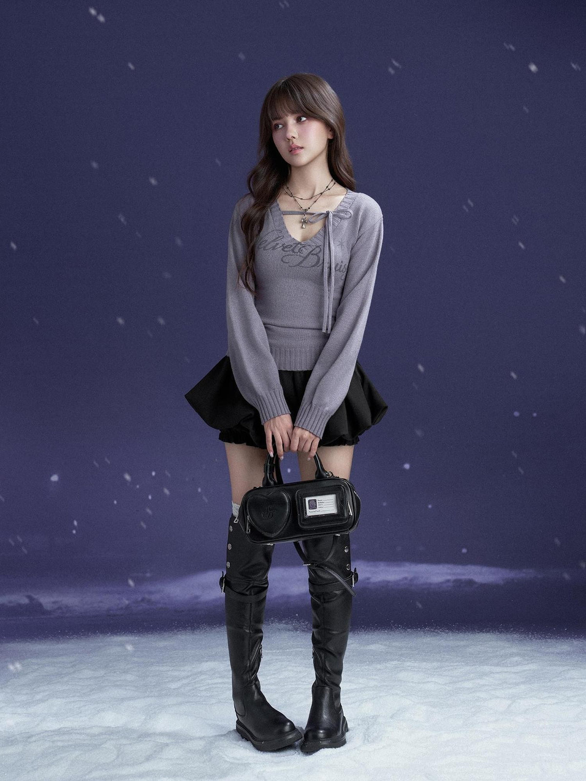 SagiDolls Detachable Bow Black Bubble A Line Women's Polyester Mini Skirts