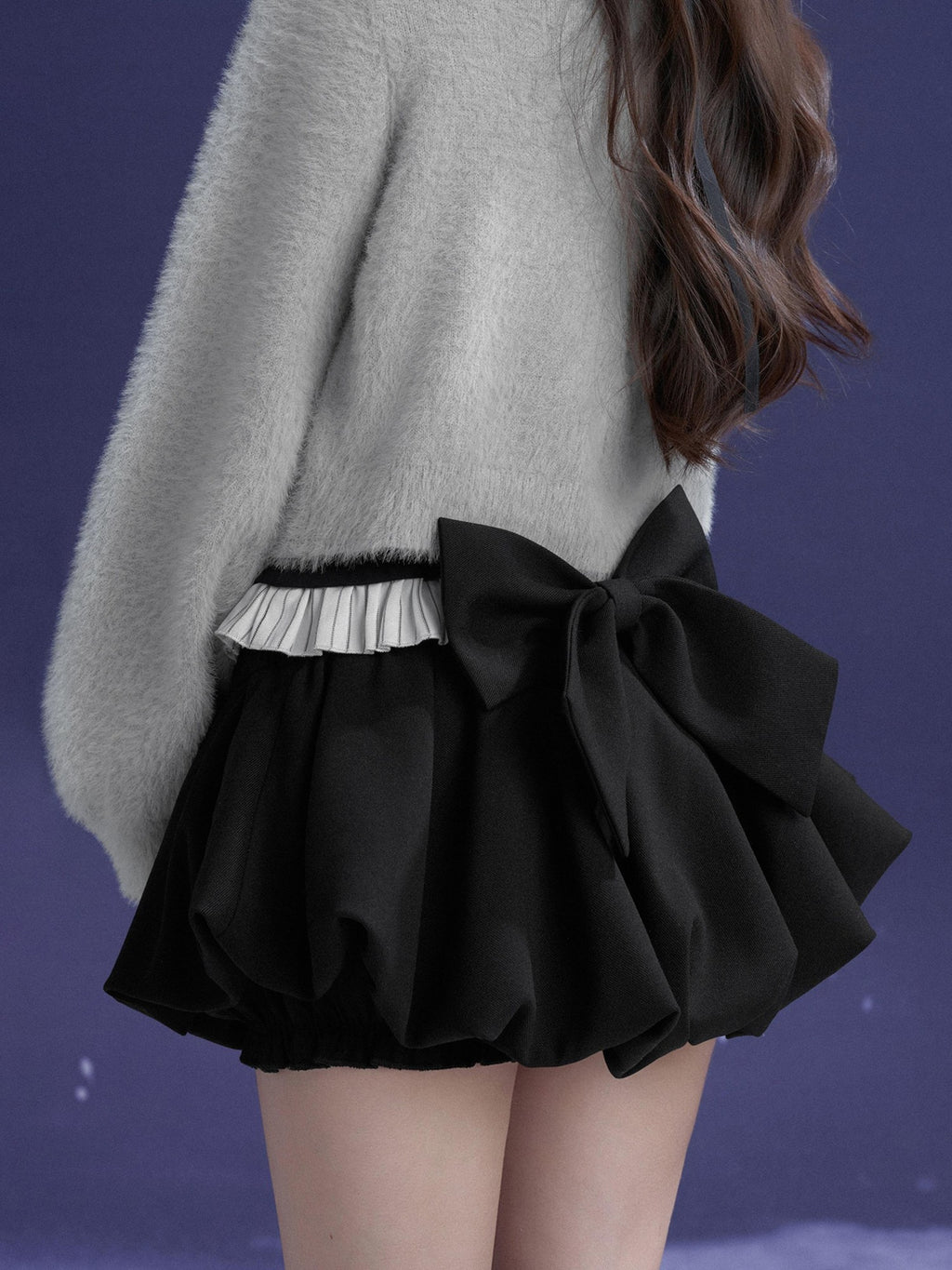 SagiDolls Detachable Bow Black Bubble A Line Women's Polyester Mini Skirts