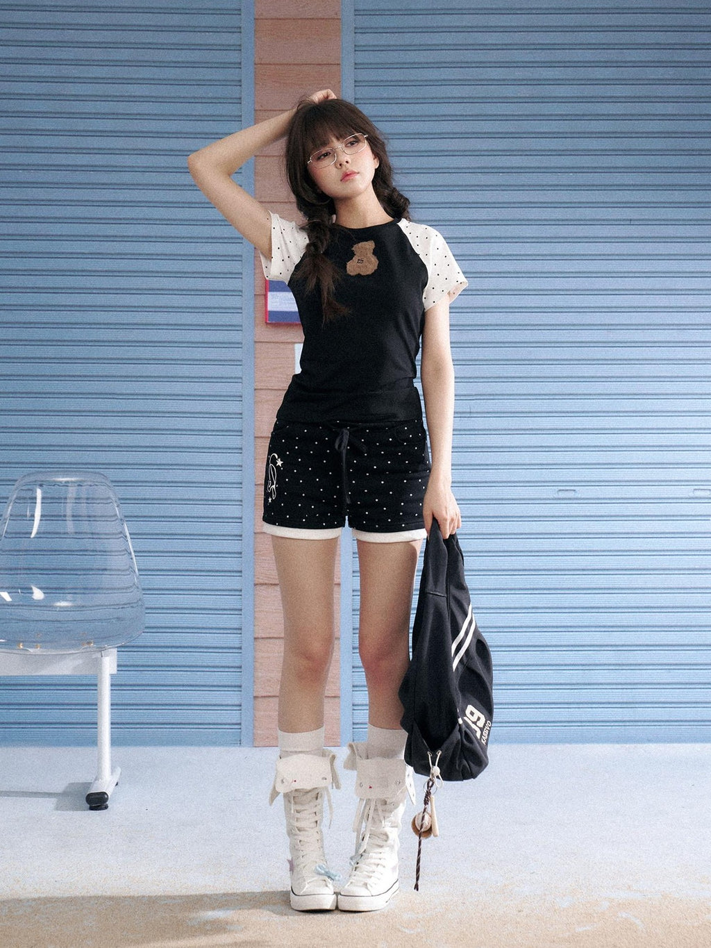 SagiDolls Detachable Bow Polka Dot Tie Elastic Waist Women's Cotton Blend Chino Shorts
