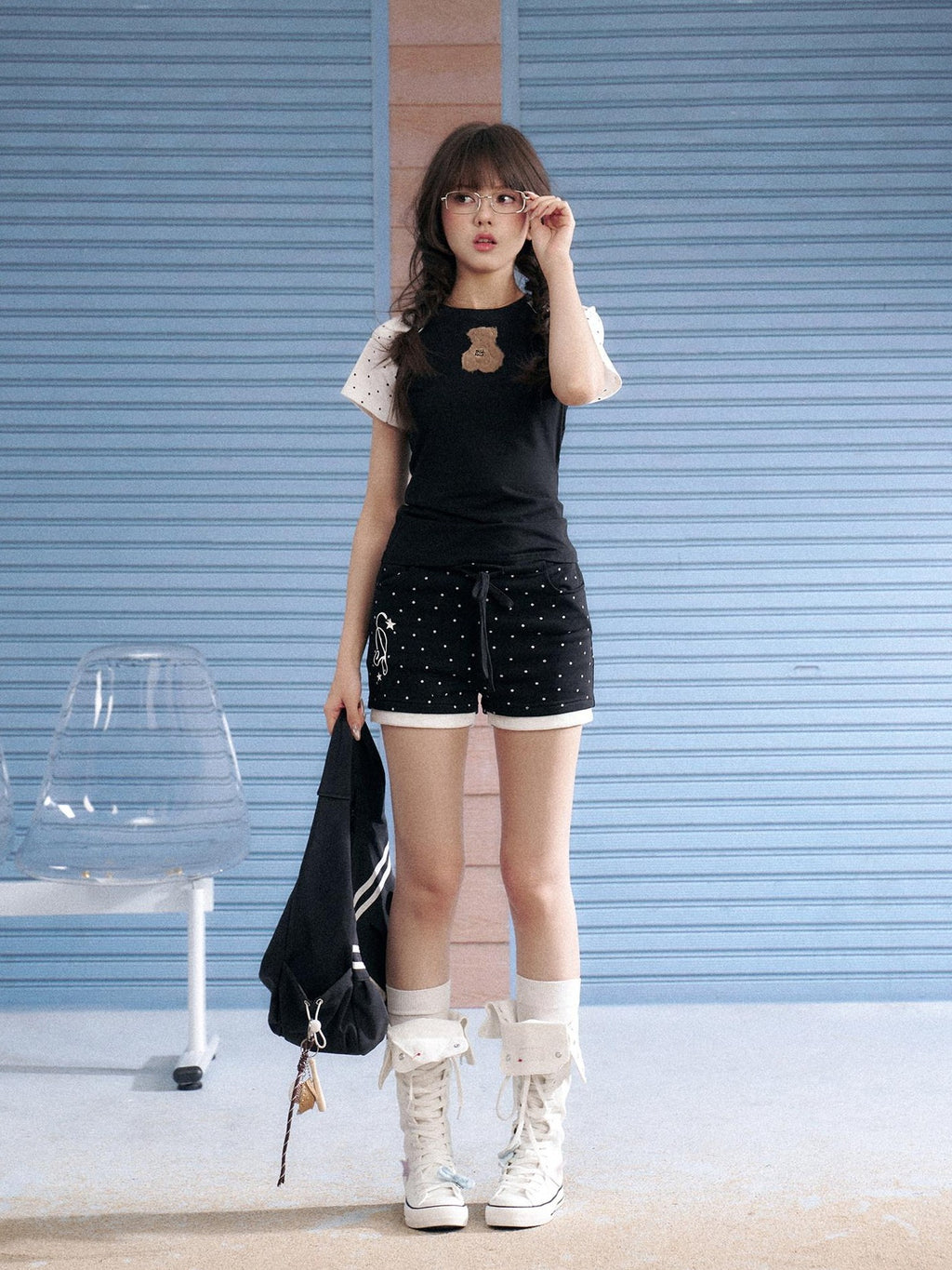 SagiDolls Detachable Bow Polka Dot Tie Elastic Waist Women's Cotton Blend Chino Shorts