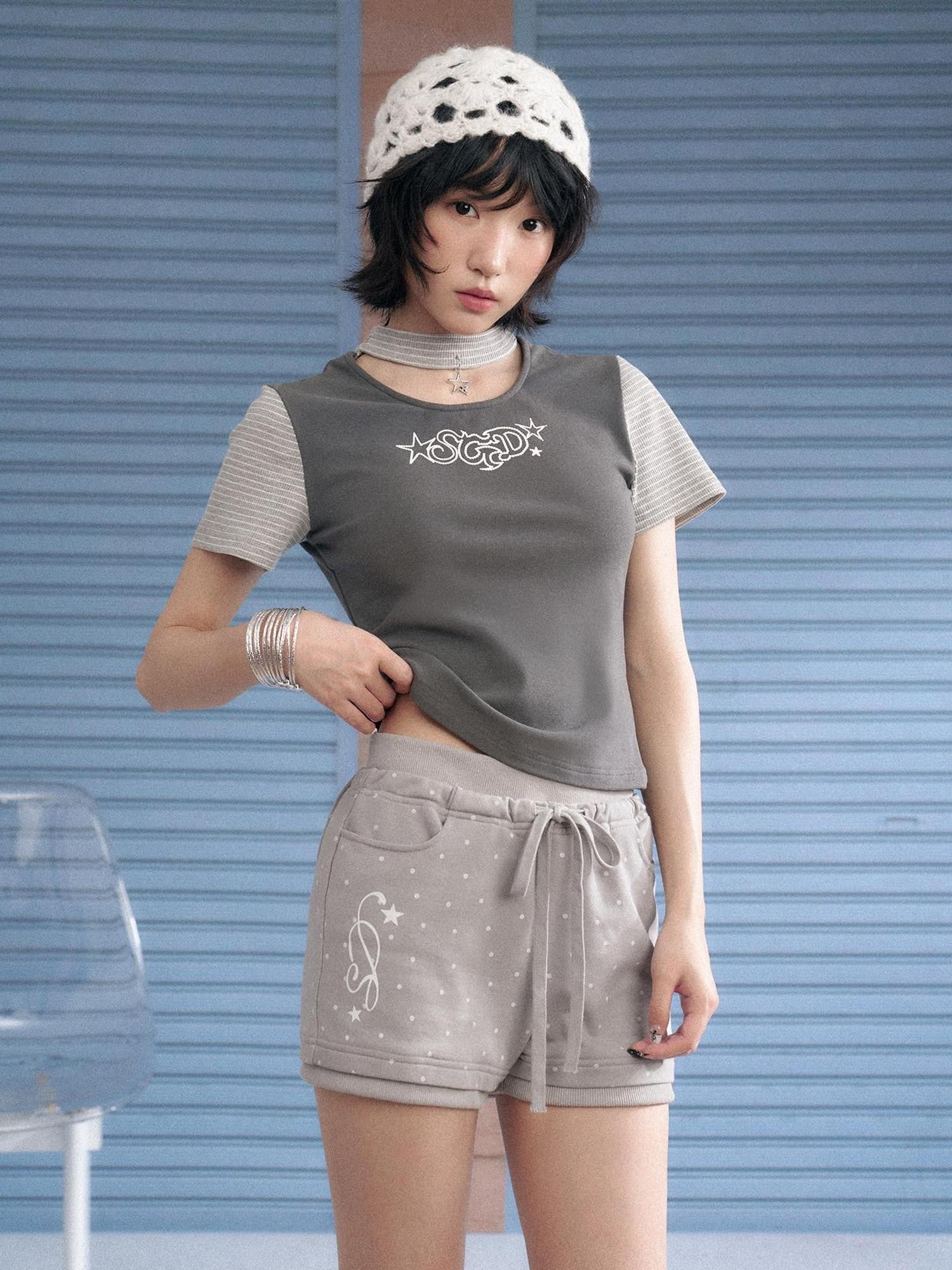 SagiDolls Detachable Bow Polka Dot Tie Elastic Waist Women's Cotton Blend Chino Shorts