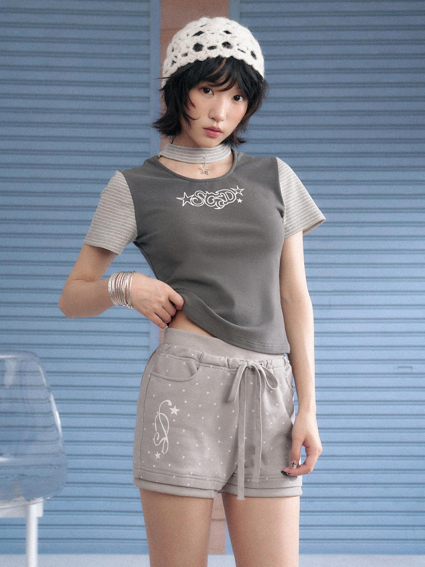 SagiDolls Detachable Bow Polka Dot Tie Elastic Waist Women's Cotton Blend Chino Shorts