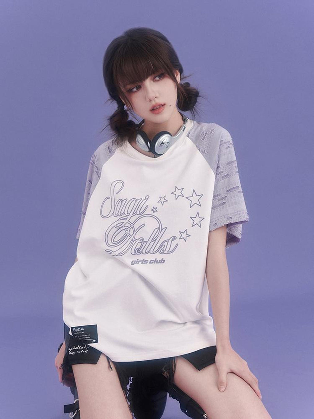 SagiDolls Distressed Raglan Sleeve Graphic Print Women's Cotton Oversized T-shirts