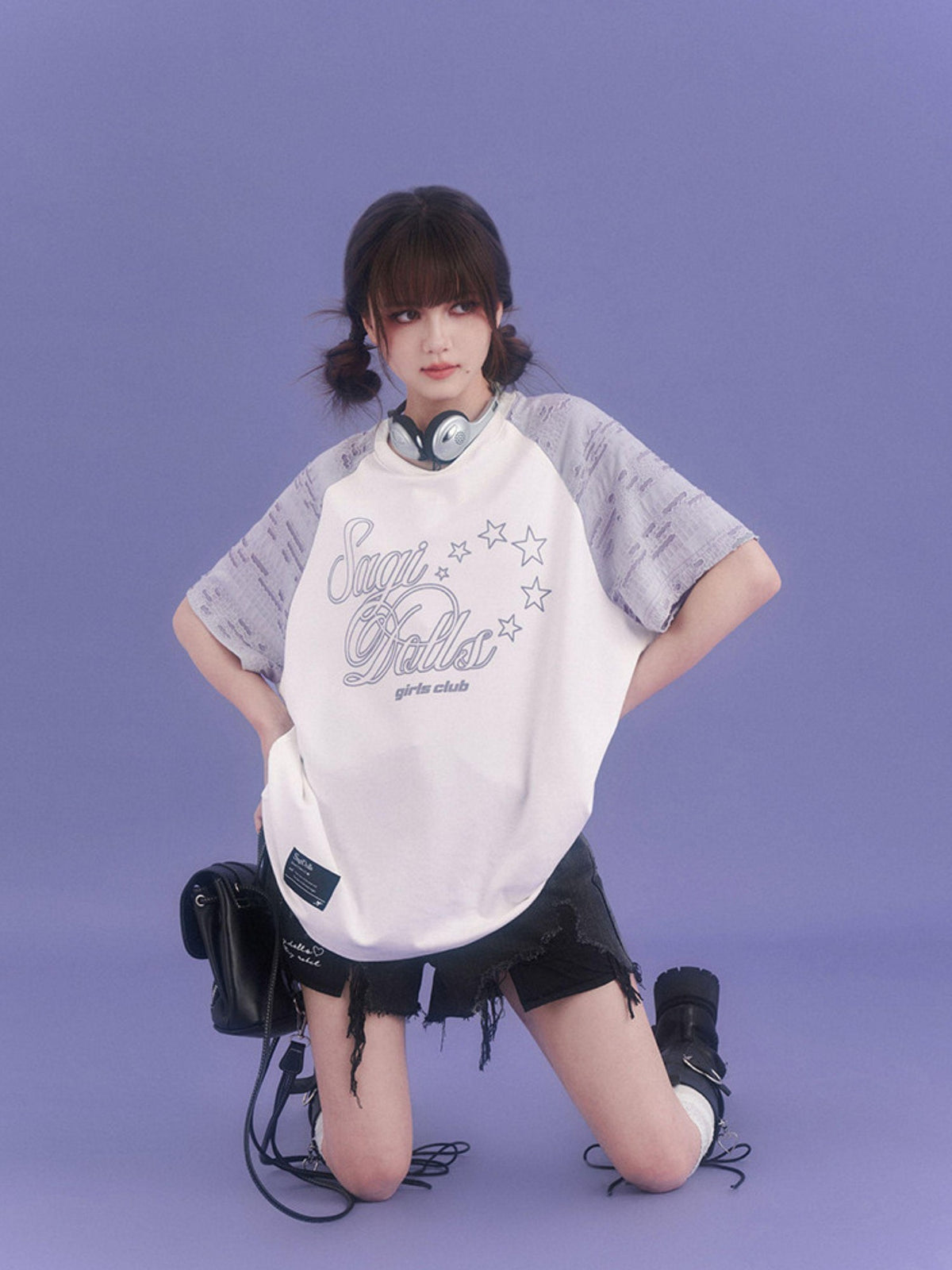 SagiDolls Distressed Raglan Sleeve Graphic Print Women's Cotton Oversized T-shirts
