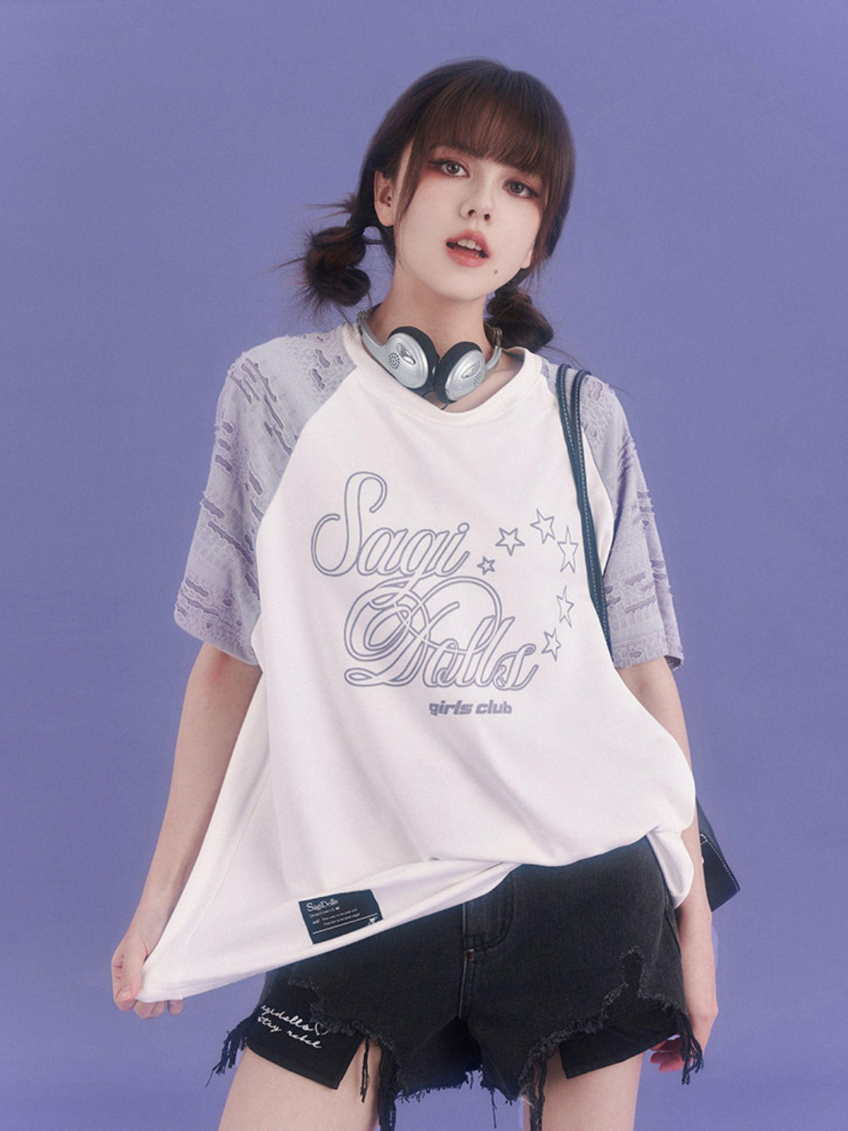 SagiDolls Distressed Raglan Sleeve Graphic Print Women's Cotton Oversized T-shirts