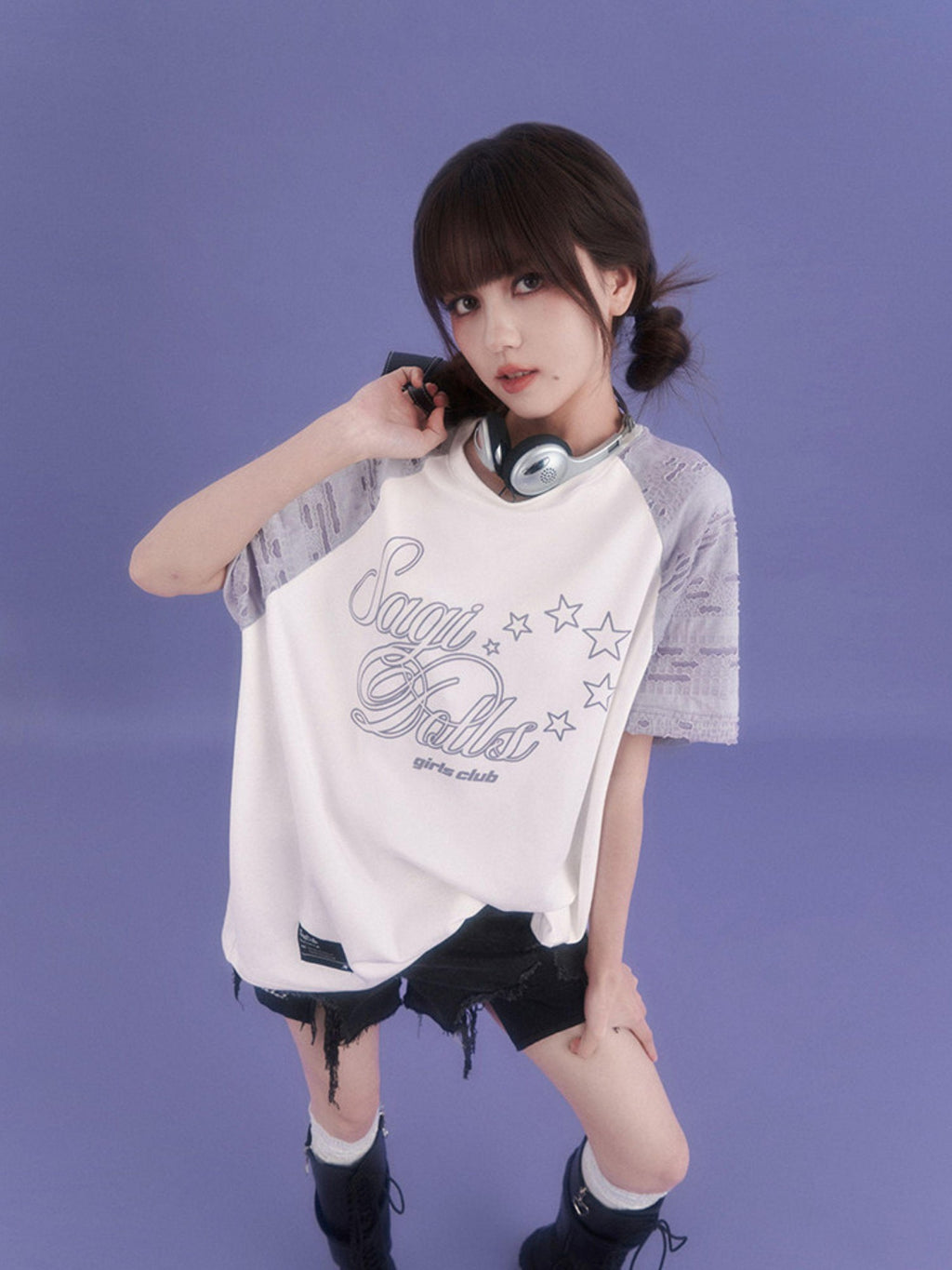 SagiDolls Distressed Raglan Sleeve Graphic Print Women's Cotton Oversized T-shirts