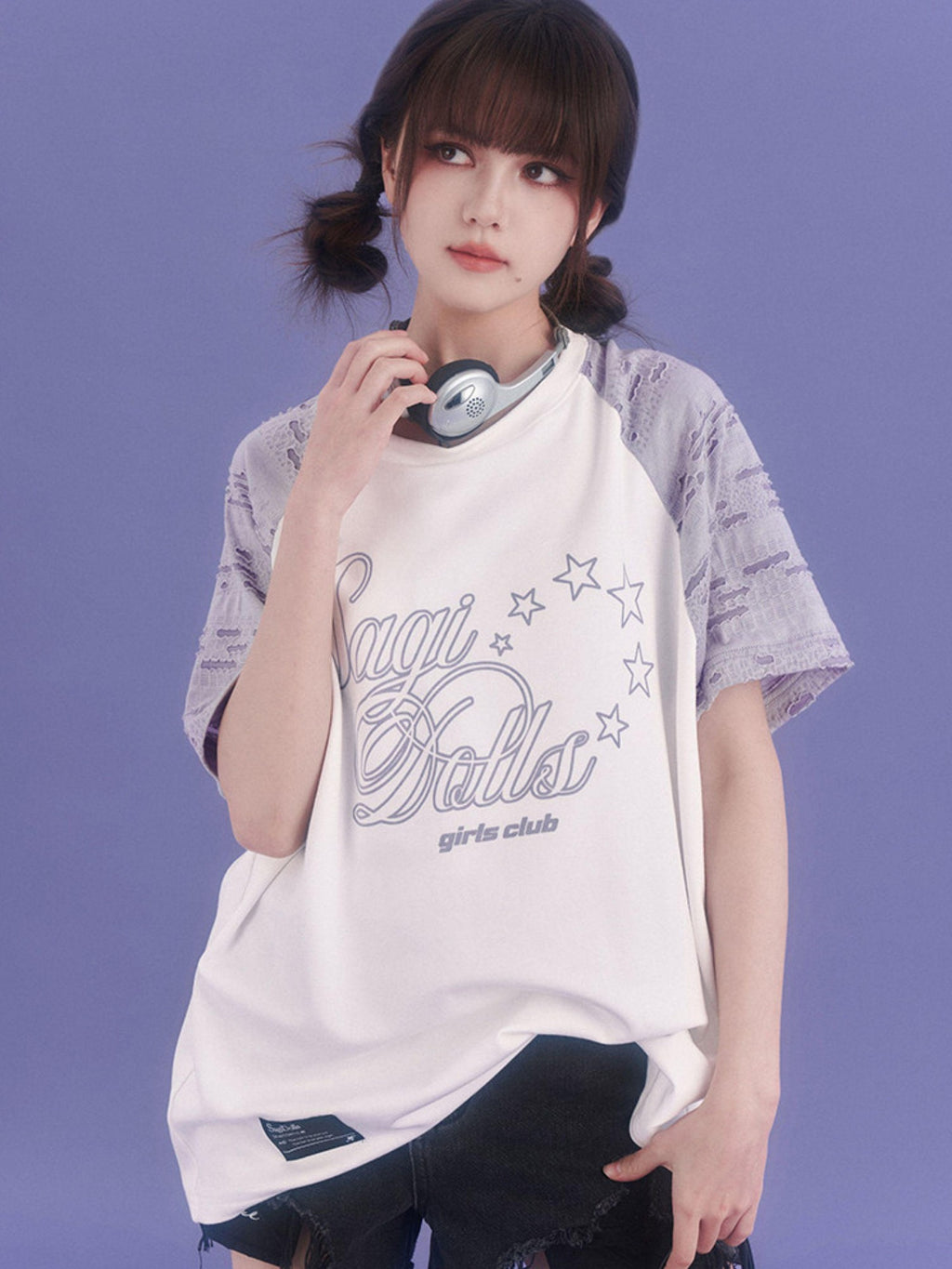 SagiDolls Distressed Raglan Sleeve Graphic Print Women's Cotton Oversized T-shirts