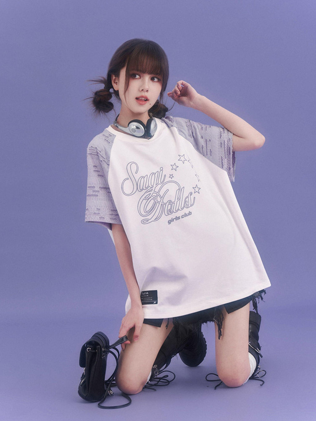 SagiDolls Distressed Raglan Sleeve Graphic Print Women's Cotton Oversized T-shirts