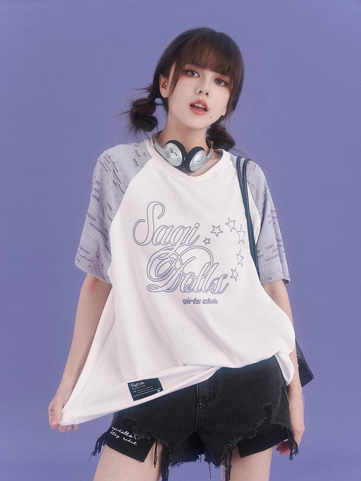 SagiDolls Distressed Raglan Sleeve Graphic Print Women's Cotton Oversized T-shirts