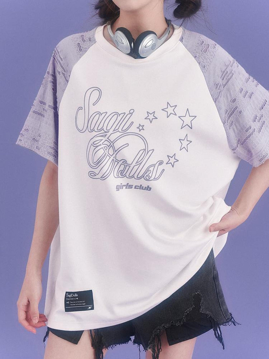SagiDolls Distressed Raglan Sleeve Graphic Print Women's Cotton Oversized T-shirts