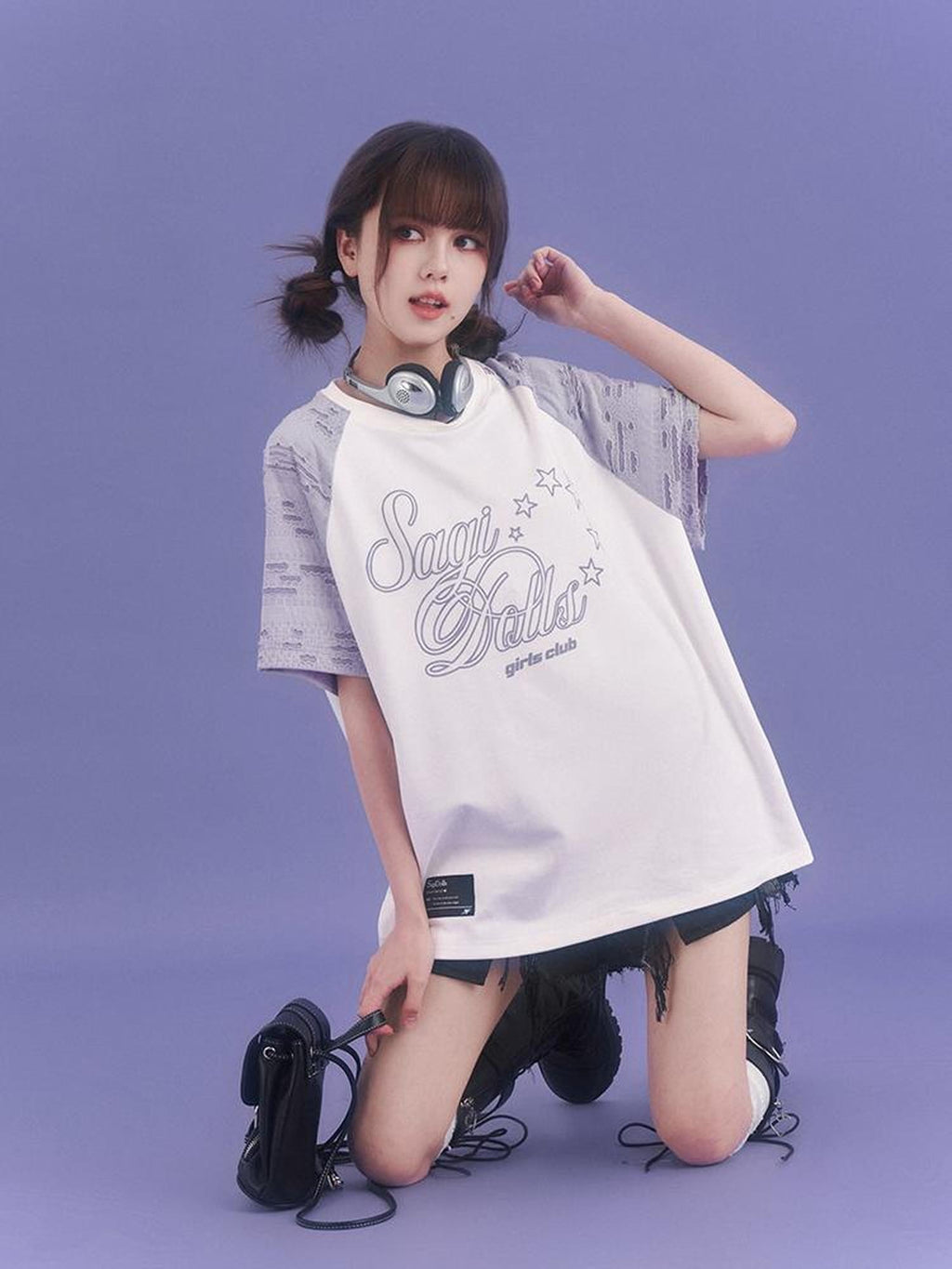 SagiDolls Distressed Raglan Sleeve Graphic Print Women's Cotton Oversized T-shirts