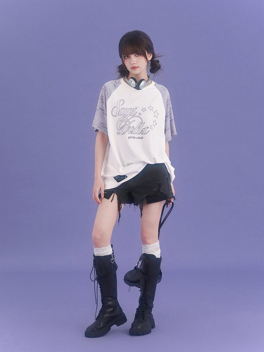 SagiDolls Distressed Raglan Sleeve Graphic Print Women's Cotton Oversized T-shirts