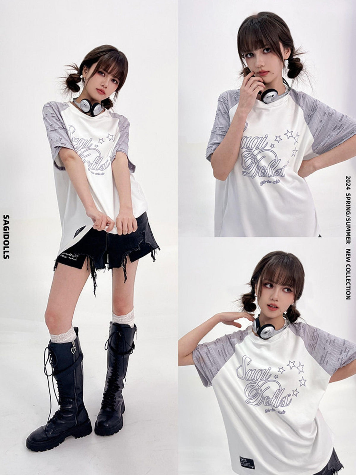 SagiDolls Distressed Raglan Sleeve Graphic Print Women's Cotton Oversized T-shirts