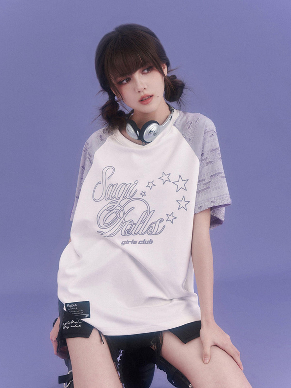 SagiDolls Distressed Raglan Sleeve Graphic Print Women's Cotton Oversized T-shirts