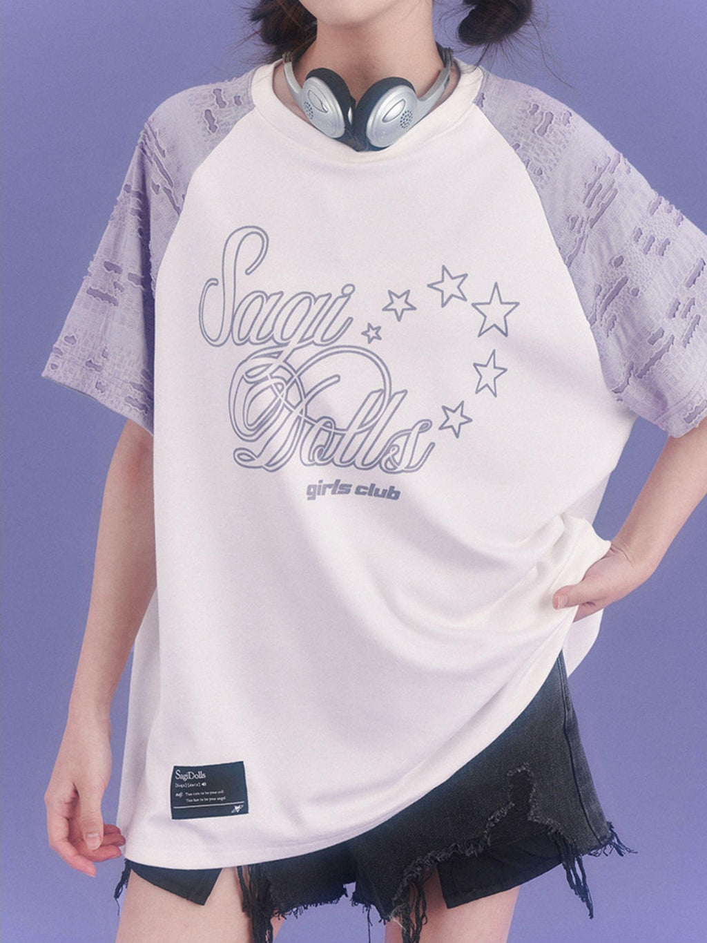 SagiDolls Distressed Raglan Sleeve Graphic Print Women's Cotton Oversized T-shirts