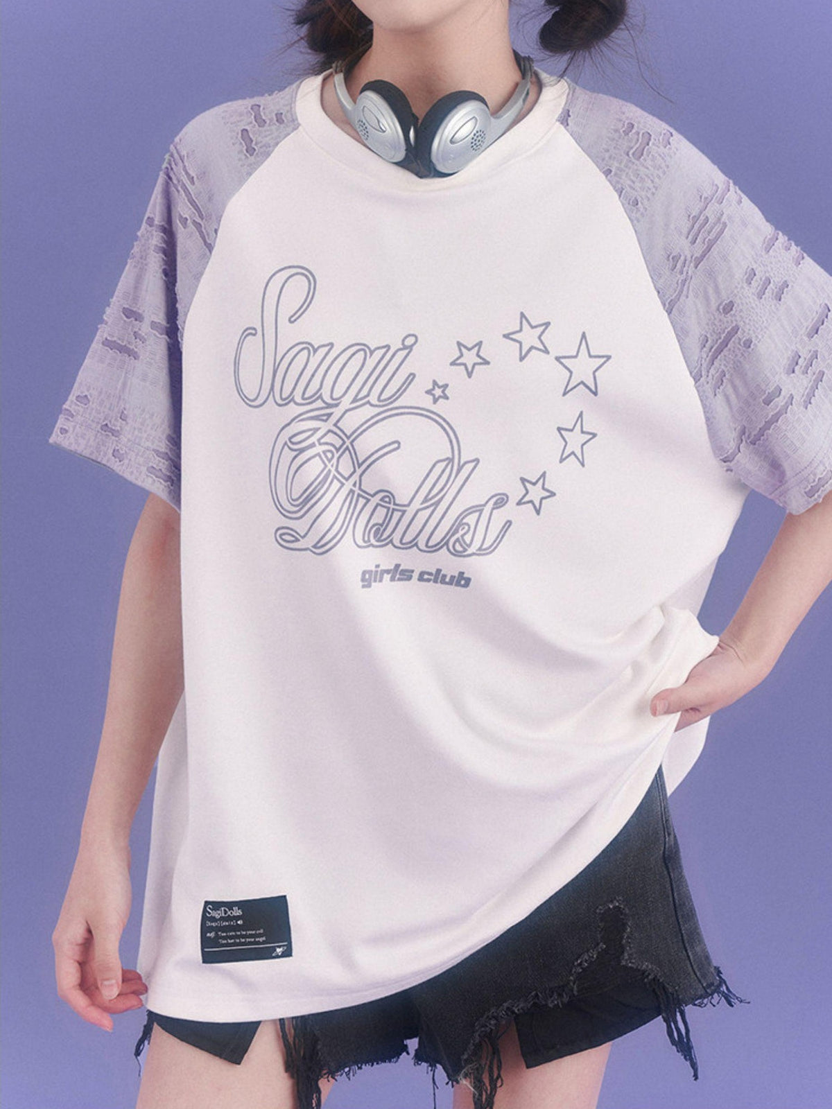 SagiDolls Distressed Raglan Sleeve Graphic Print Women's Cotton Oversized T-shirts