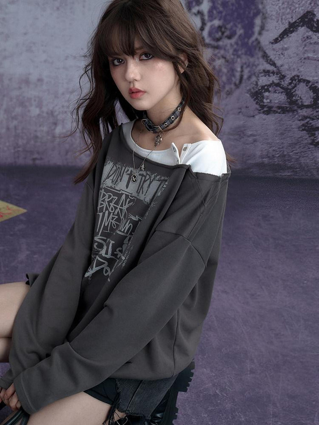 SagiDolls Distressed Ripped Faux Layered Women's Cotton Blend Long Sleeve T-shirts
