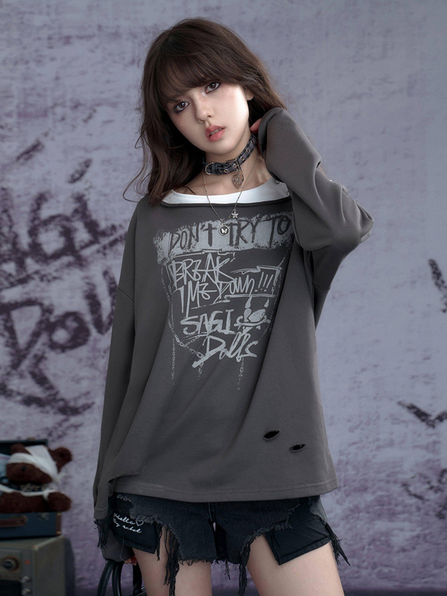 SagiDolls Distressed Ripped Faux Layered Women's Cotton Blend Long Sleeve T-shirts