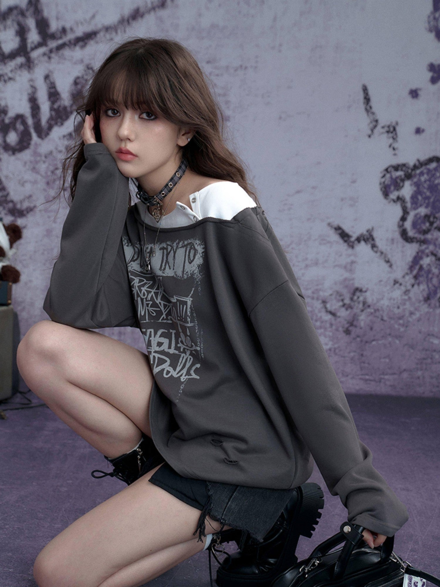 SagiDolls Distressed Ripped Faux Layered Women's Cotton Blend Long Sleeve T-shirts