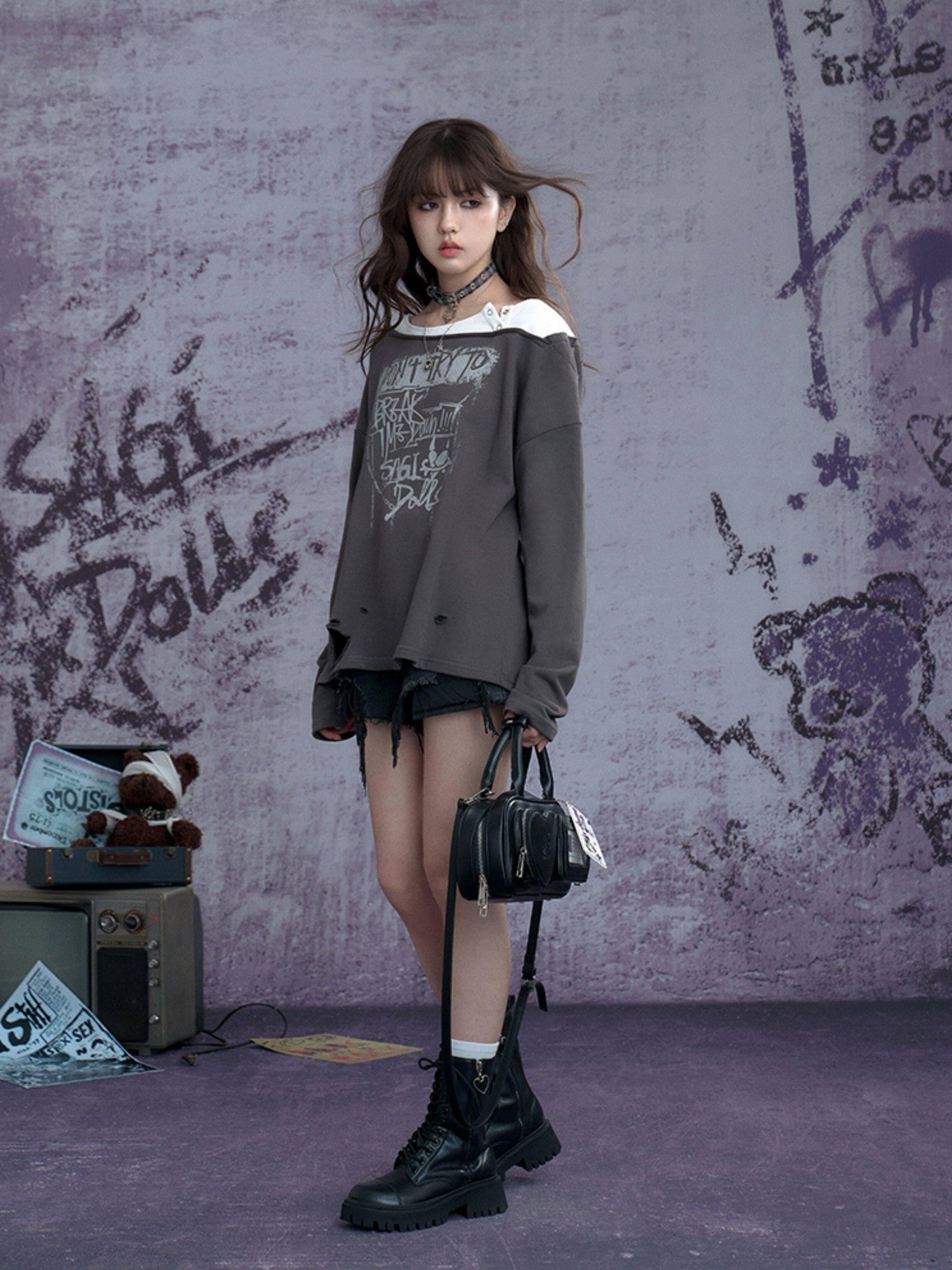 SagiDolls Distressed Ripped Faux Layered Women's Cotton Blend Long Sleeve T-shirts