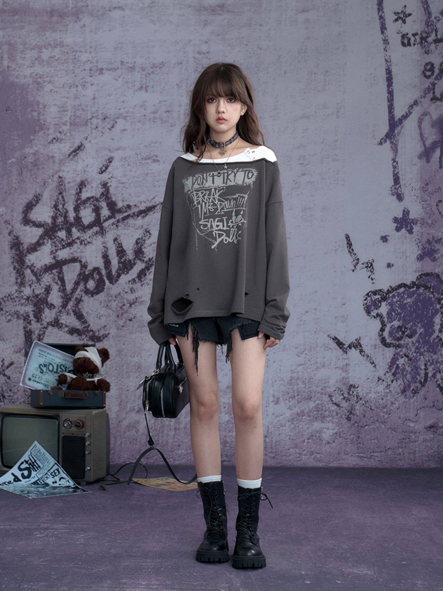 SagiDolls Distressed Ripped Faux Layered Women's Cotton Blend Long Sleeve T-shirts