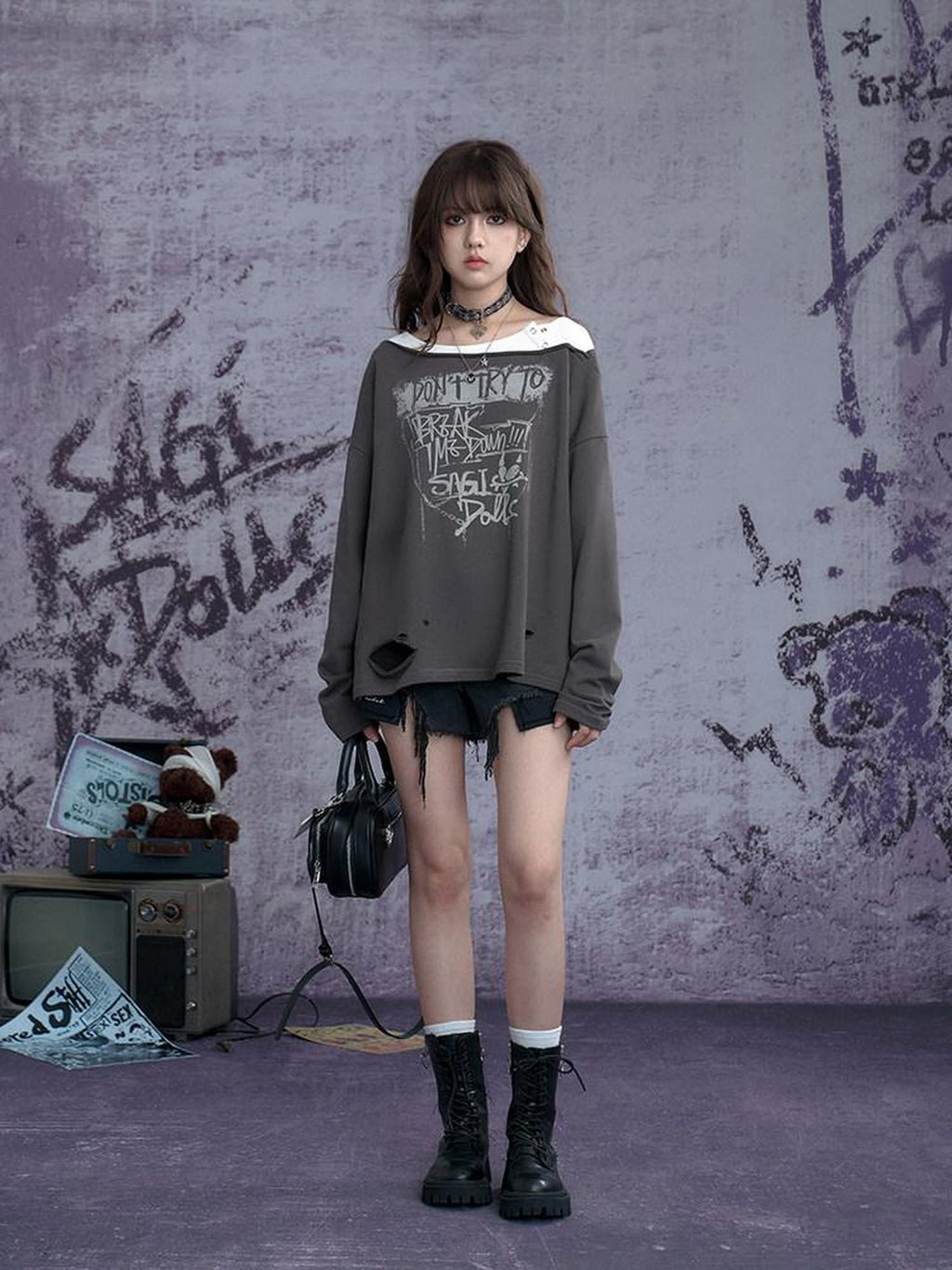 SagiDolls Distressed Ripped Faux Layered Women's Cotton Blend Long Sleeve T-shirts
