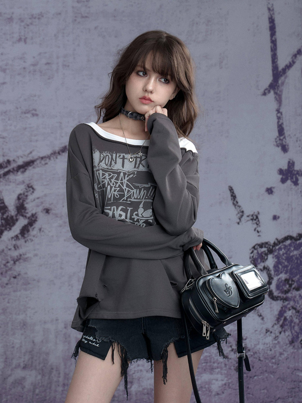 SagiDolls Distressed Ripped Faux Layered Women's Cotton Blend Long Sleeve T-shirts