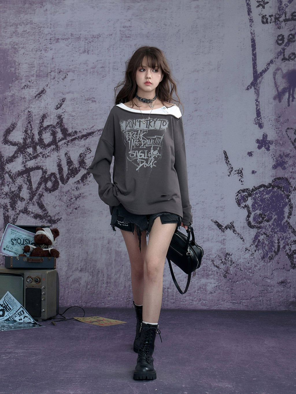SagiDolls Distressed Ripped Faux Layered Women's Cotton Blend Long Sleeve T-shirts