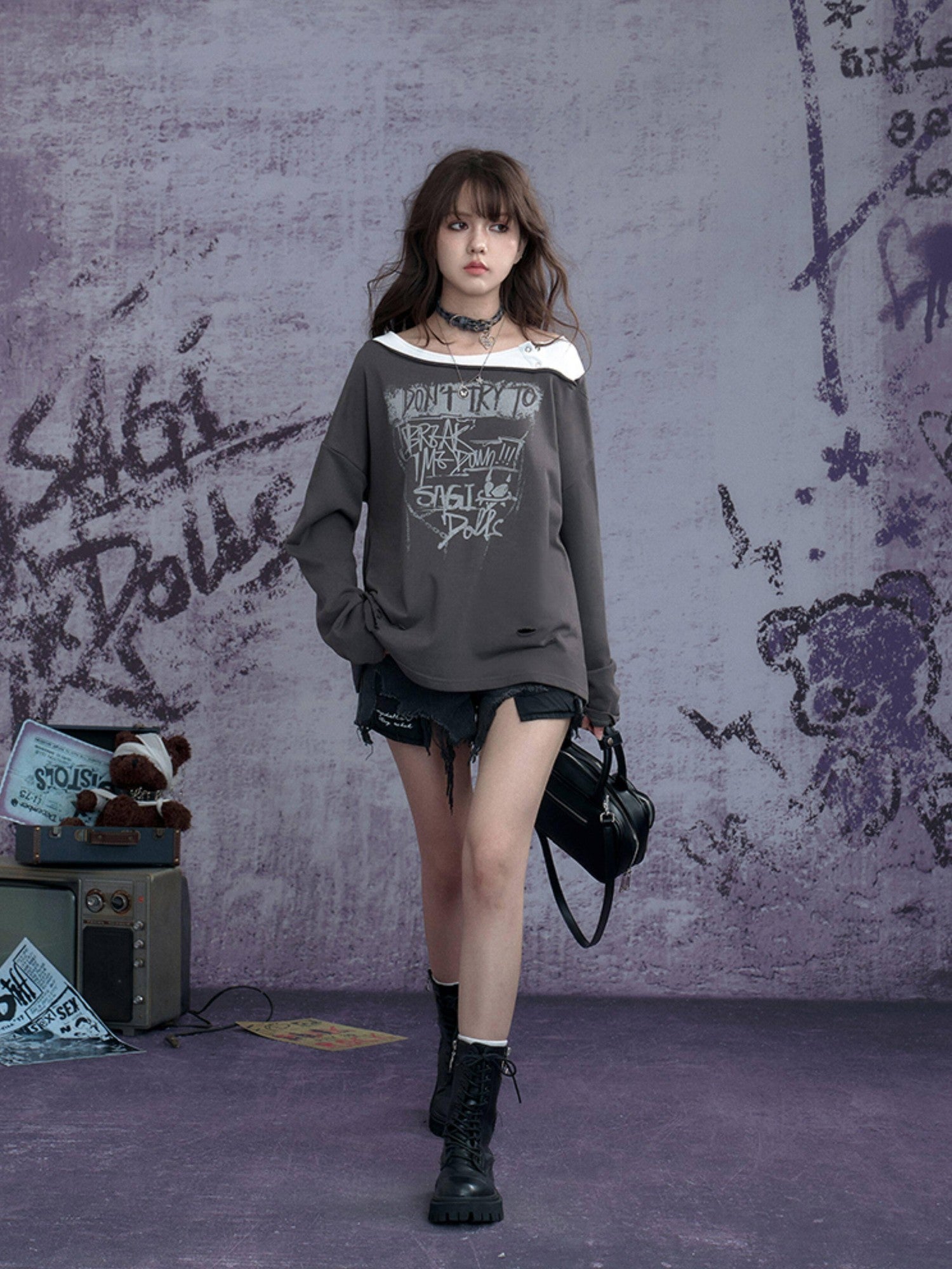 SagiDolls Distressed Ripped Faux Layered Women's Cotton Blend Long Sleeve T-shirts