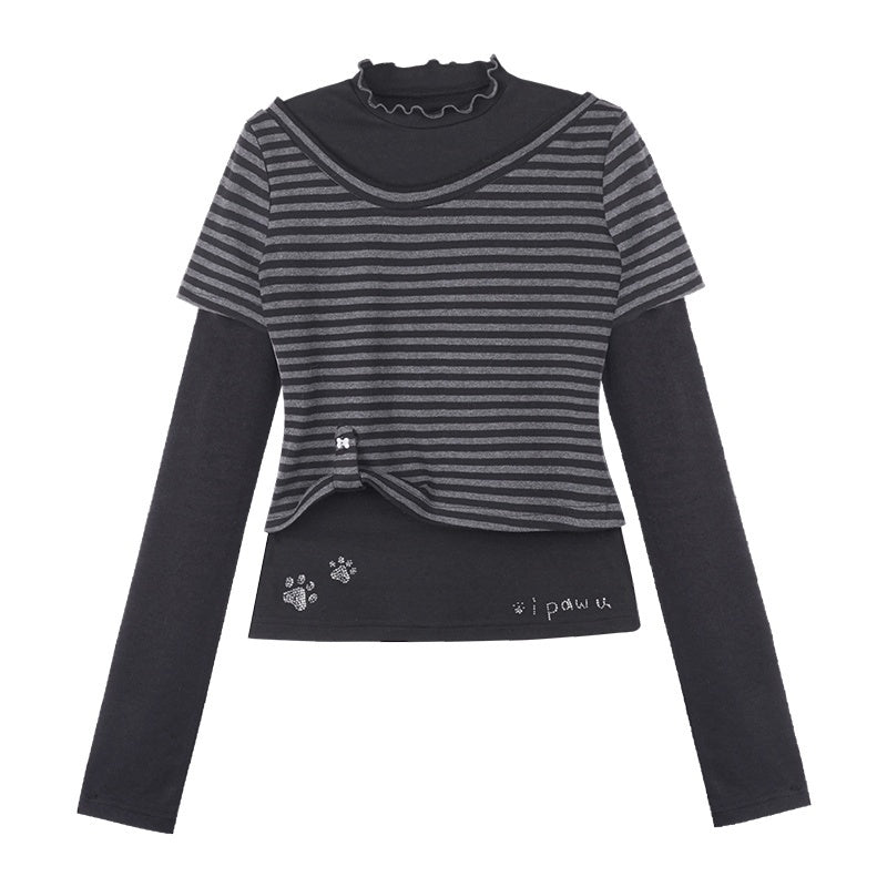 SagiDolls_Dog_Paw_Print_Striped_Rhinestone_Women's_Long_Sleeve_T-shirts_867431601581_MISSTT