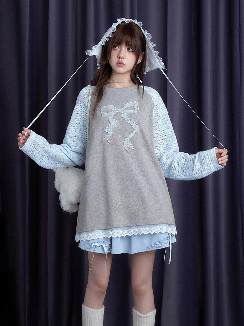 SagiDolls Dreamy Soft Gray Blue Patchwork Bow Women's Cotton Blend Long Sleeve T-shirts