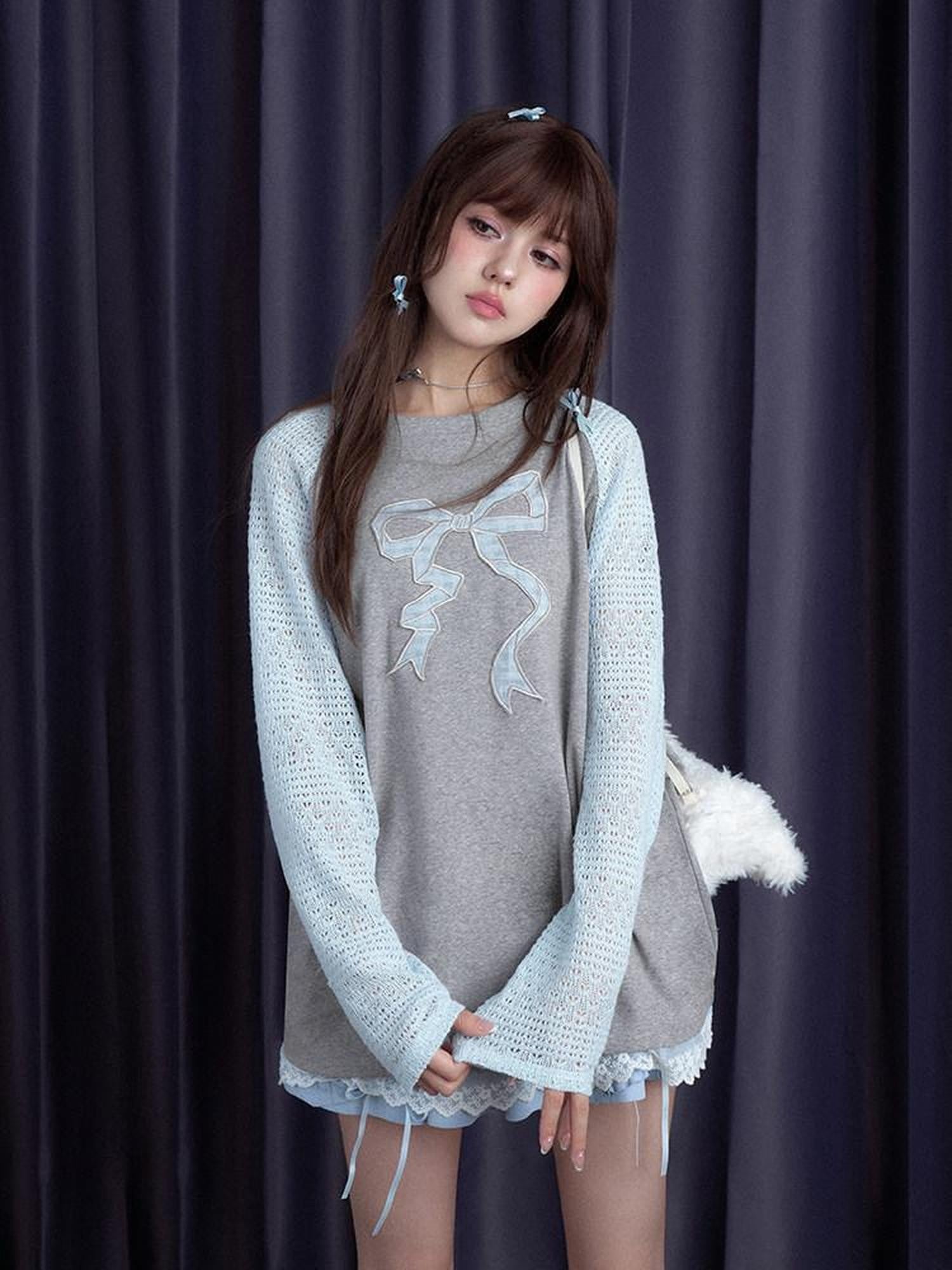 SagiDolls Dreamy Soft Gray Blue Patchwork Bow Women's Cotton Blend Long Sleeve T-shirts