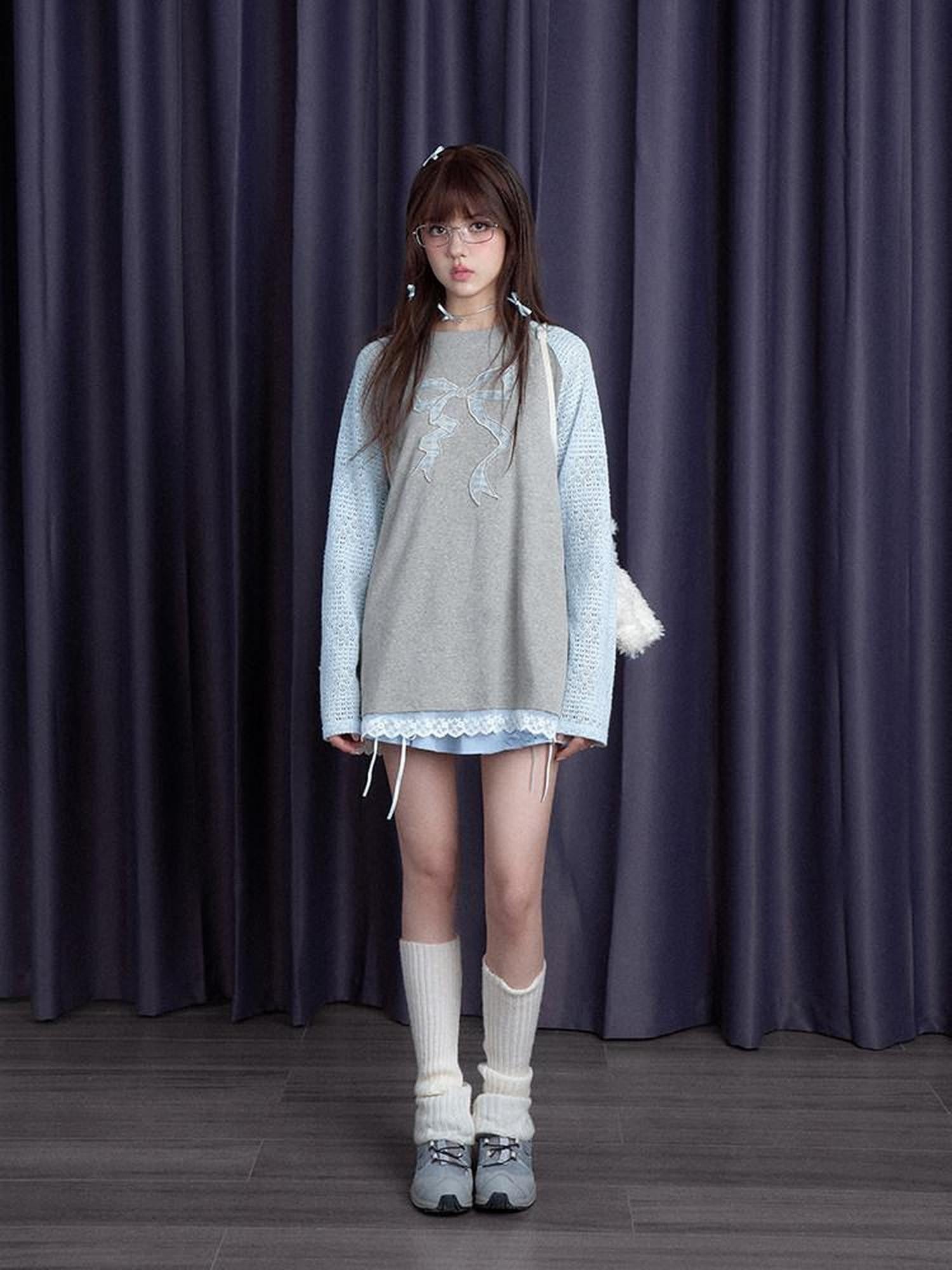 SagiDolls Dreamy Soft Gray Blue Patchwork Bow Women's Cotton Blend Long Sleeve T-shirts