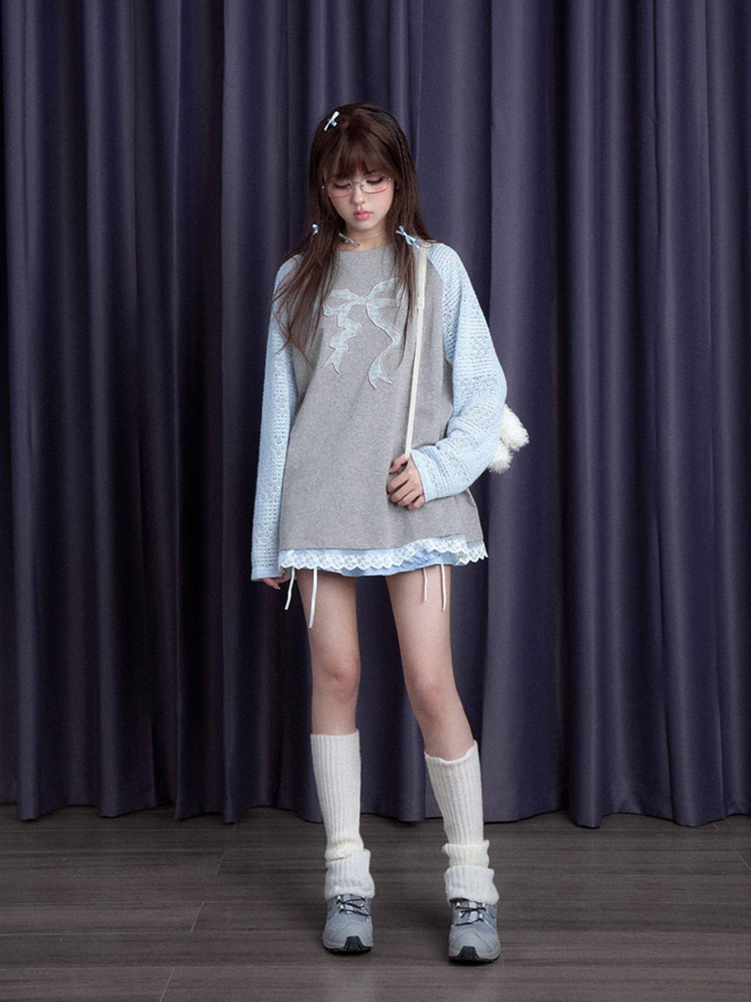 SagiDolls Dreamy Soft Gray Blue Patchwork Bow Women's Cotton Blend Long Sleeve T-shirts