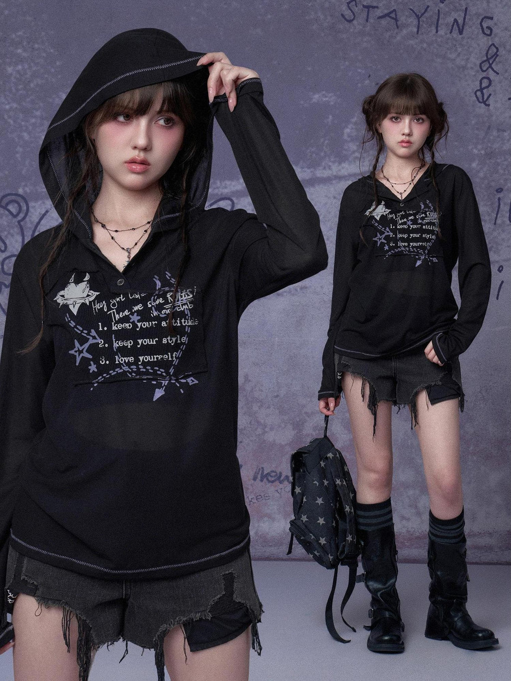 SagiDolls Edgy Mesh Graffiti Print Hooded Women's Polyester Blend Long Sleeve T-shirts